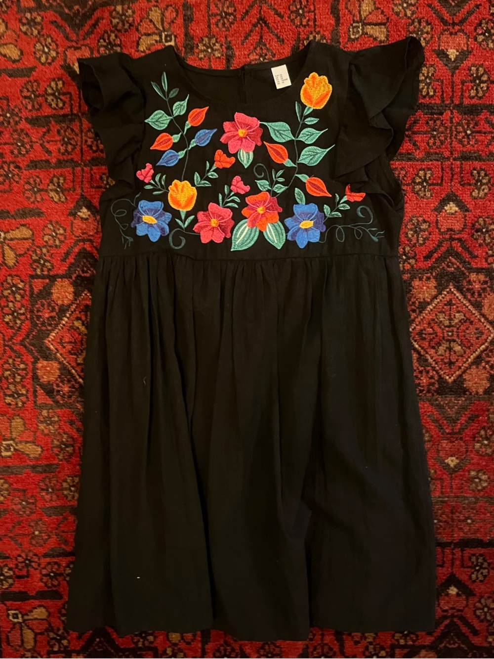MEXICANA Black Mini Dress with Multicolor Floral Embroidery